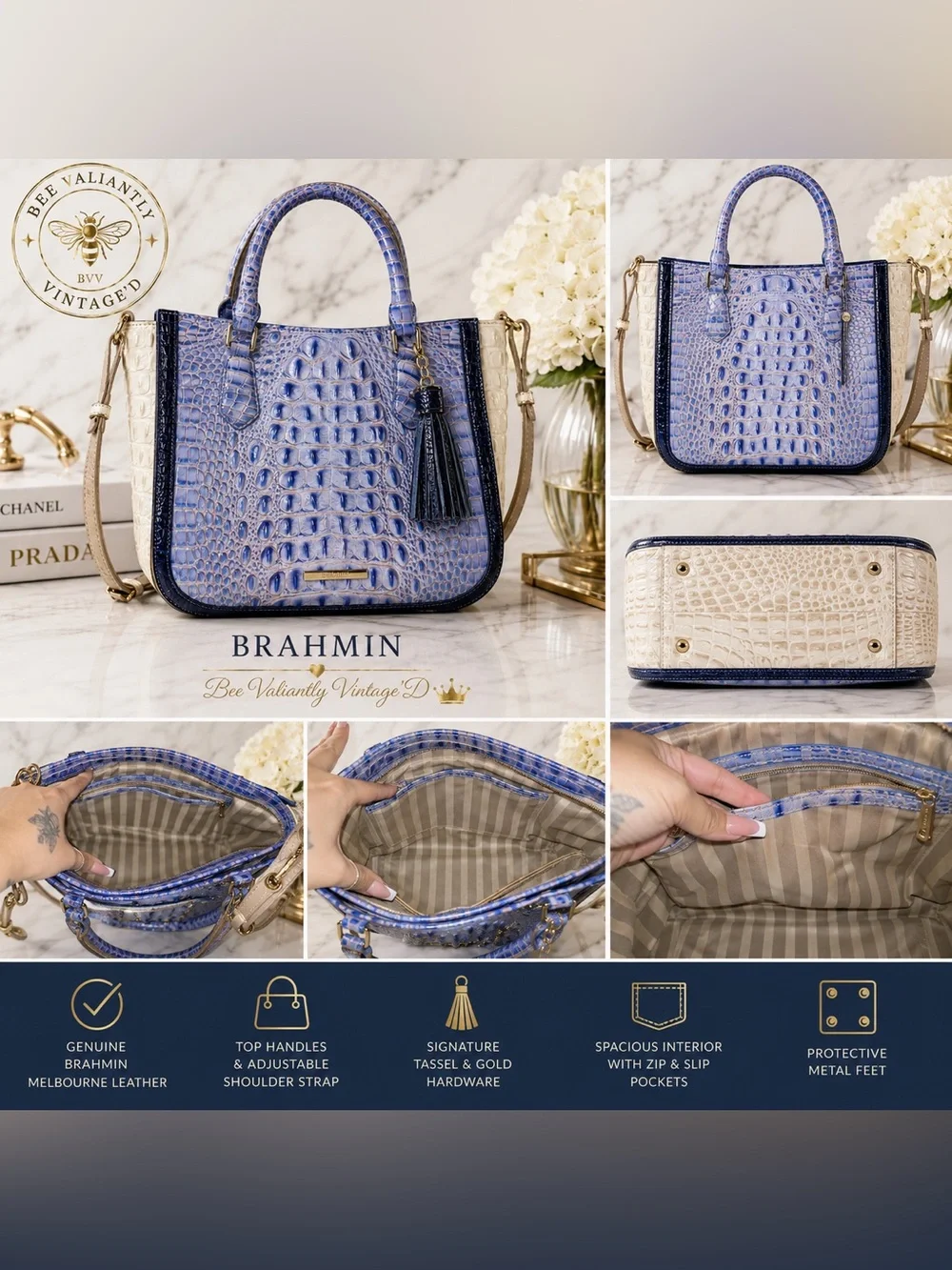 Brahmin Blue Ivory Melbourne Croc Embossed Leather Satchel Tote Bag